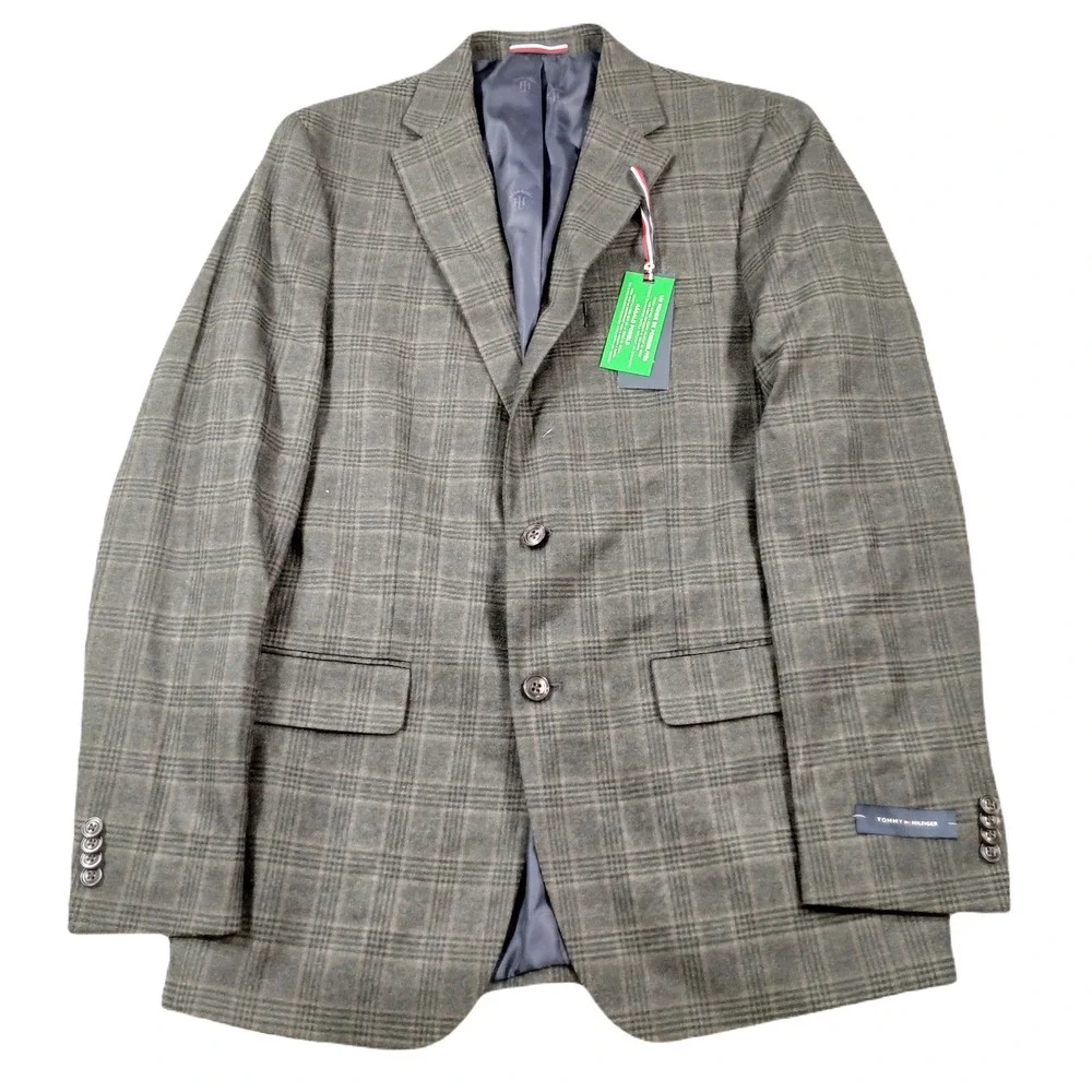 Tommy Hilfiger Pattern Sport Coat Mens 40L Olive Brown Plaid Modern-Fit $295 NEW